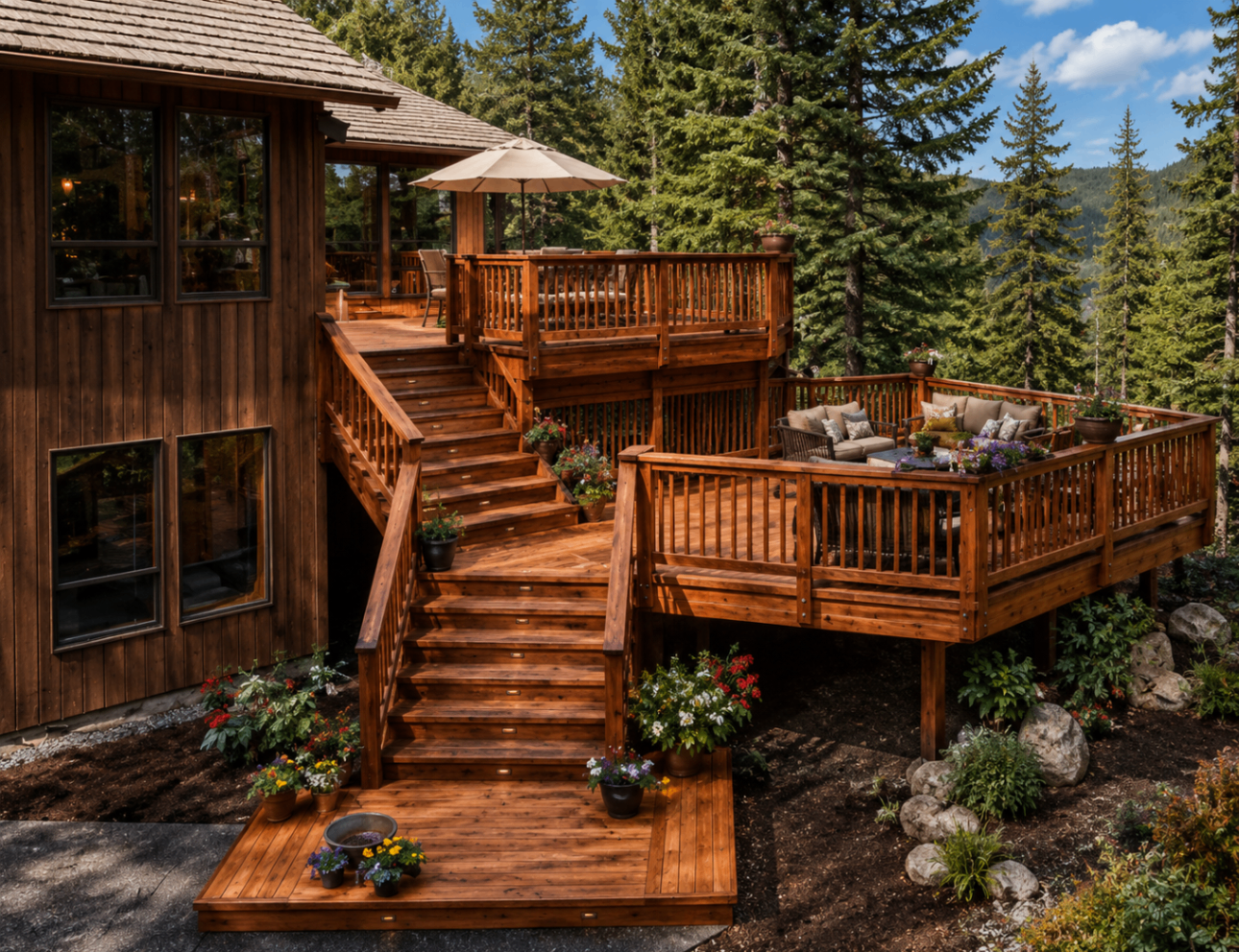 Multi-Level Redwood Deck