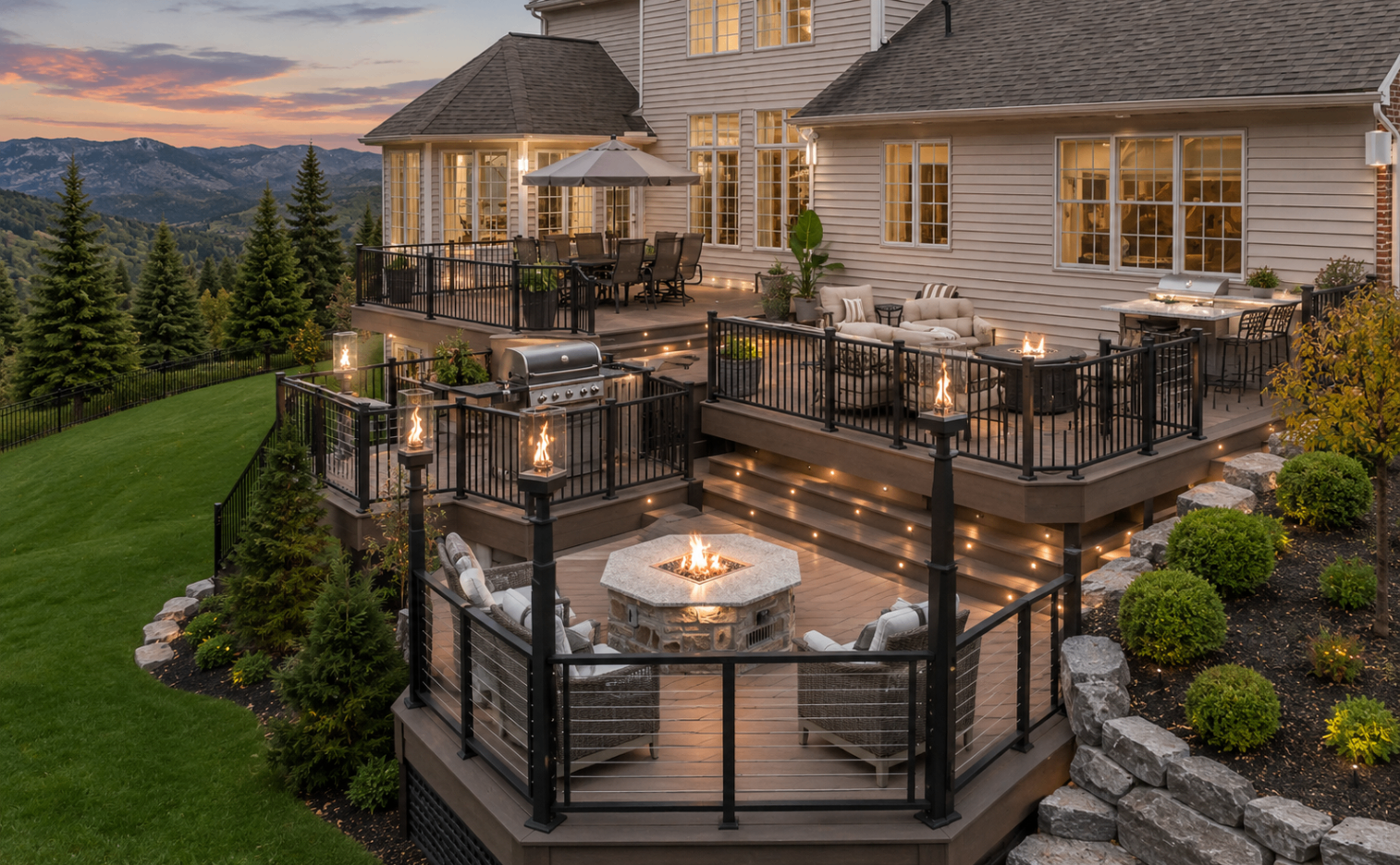 Custom redwood deck at dusk built by J.O.B. Home Services